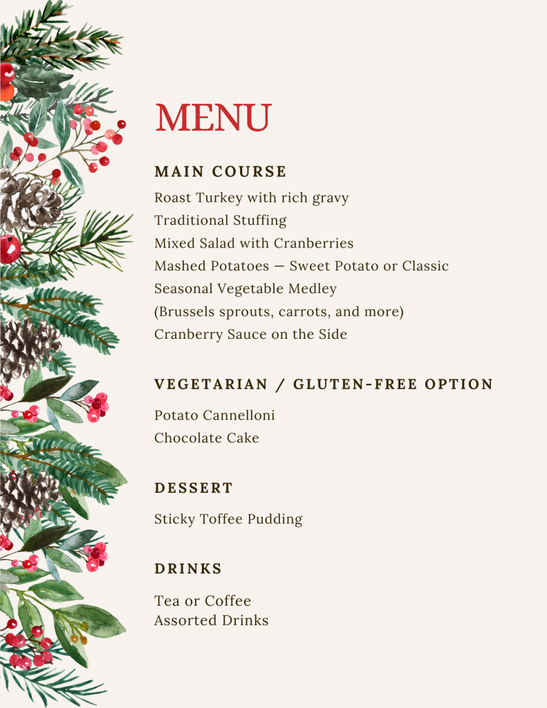 menu for holiday fare